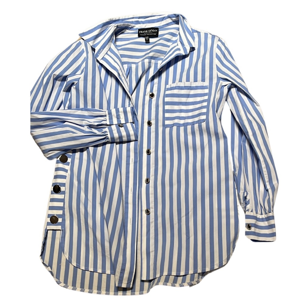 Frank Lyman Striped Blue & White Button Down Blouse sz Small